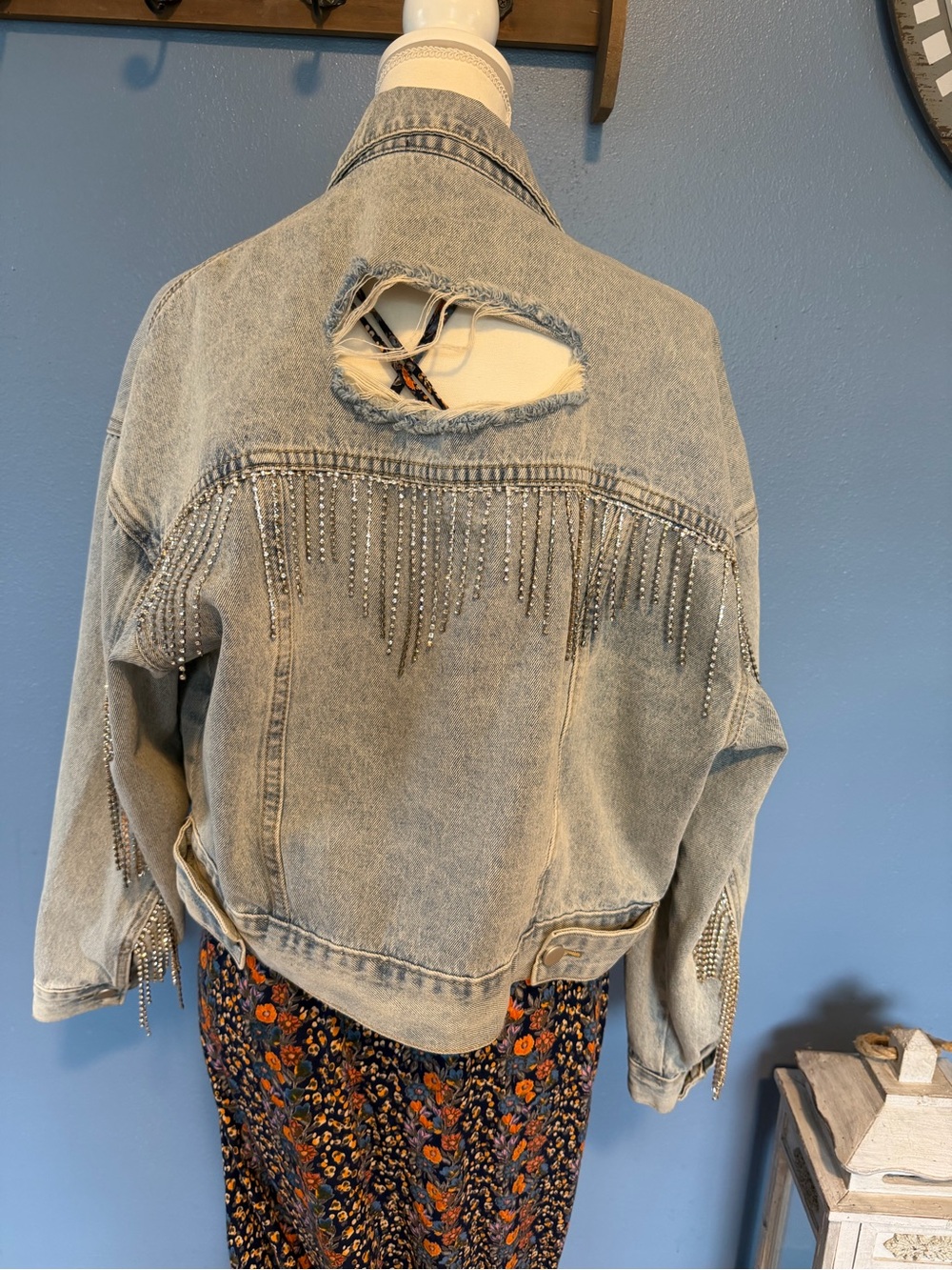 Light Wash Denim Jacket with Rhinestone Fringe - Women